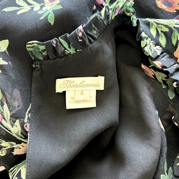 Shoshanna Amora 100% Silk Chiffon Dress Black Floral Ruffle Size 4 Fit & Flare - Picture 6 of 16